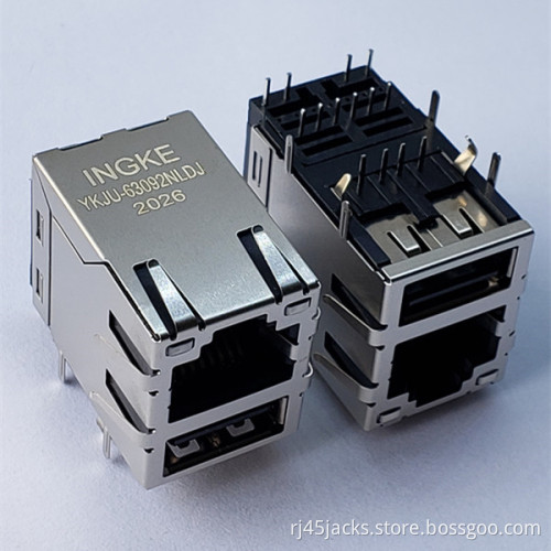 INGKE YKJU-63092NLDJ Direct Substitute ARJE-0032 1 Port RJ45 with USB Magnetic Jack Connectors 100 Base-T Through Hole